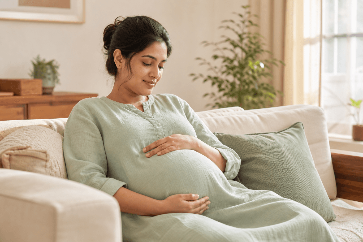Indian expectant mother resting comfortably at home