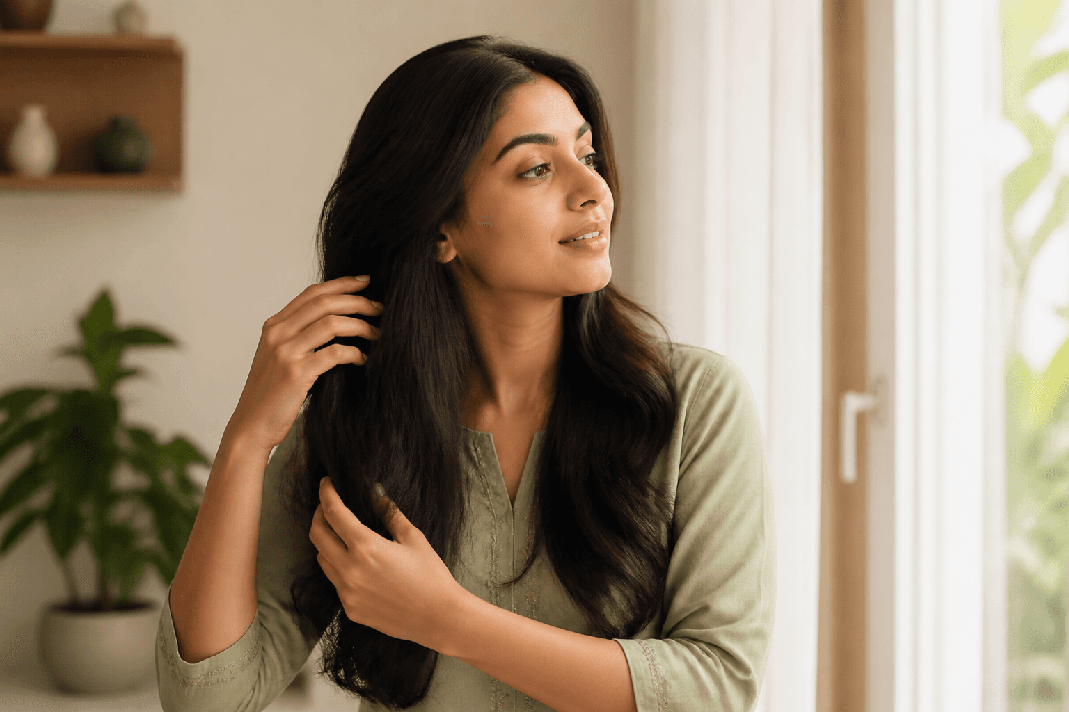 Indian woman caring for her hair in soft daylight