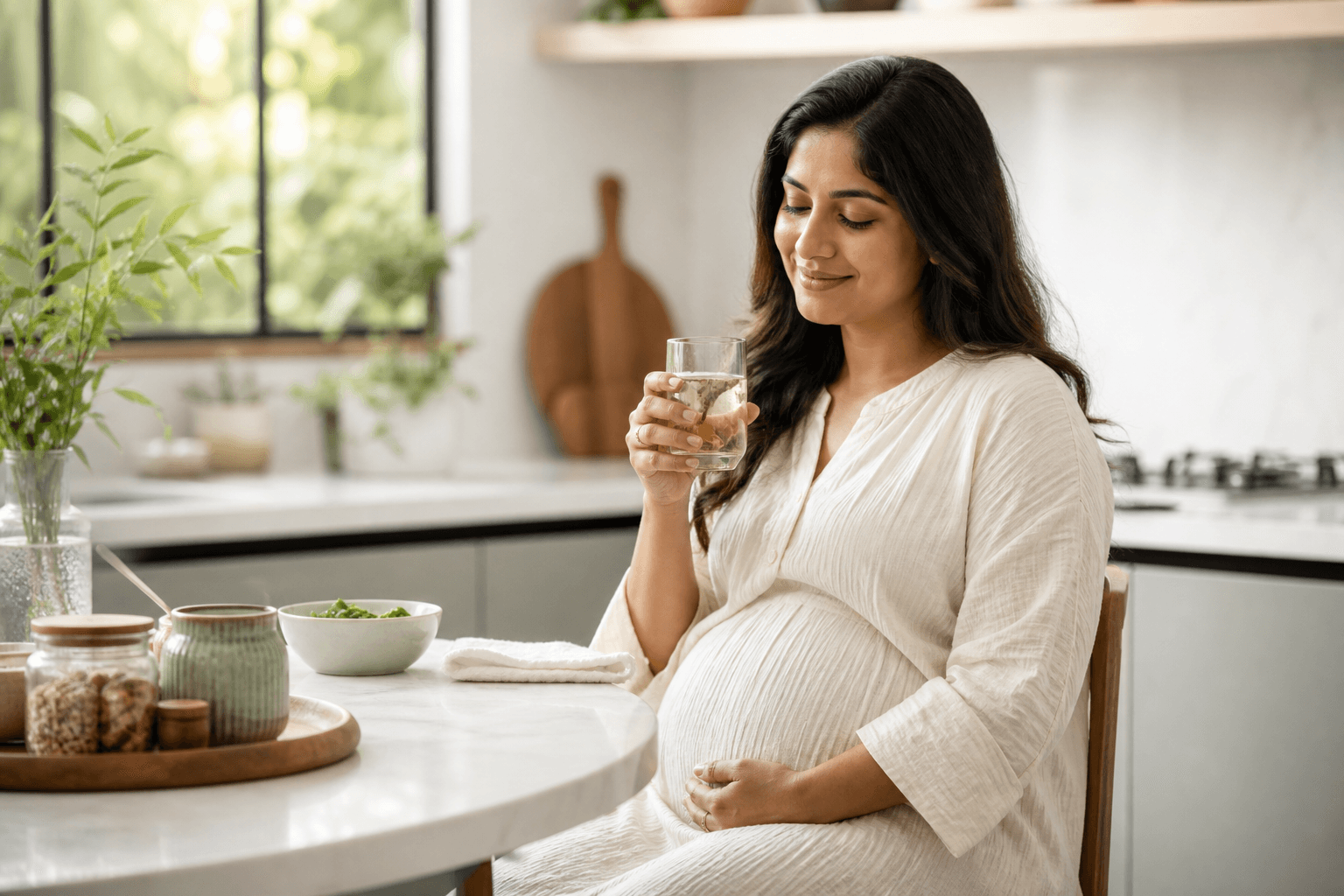 Indian mom-to-be enjoying a calm morning nourishment ritual