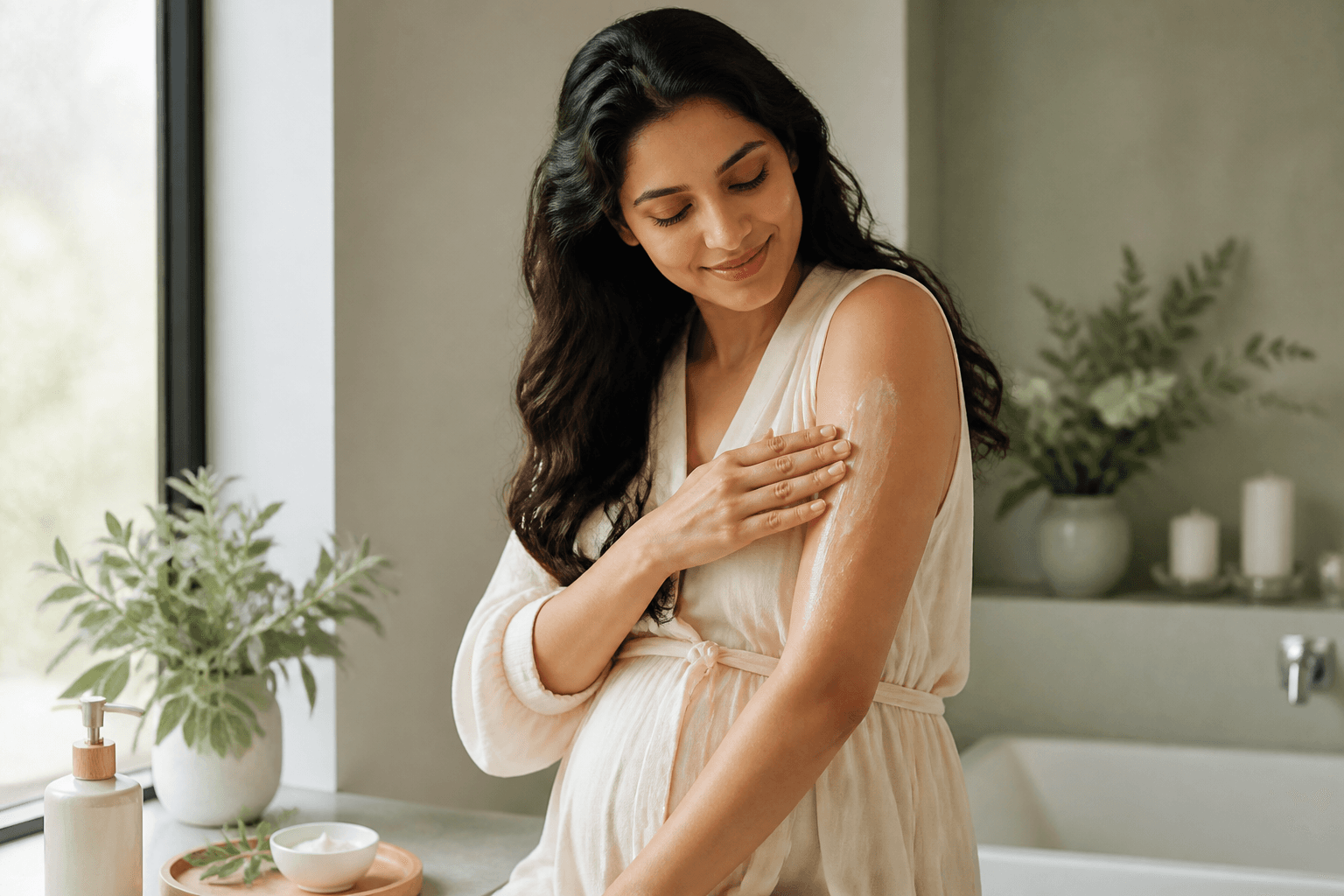 Indian woman applying soft skincare in natural light